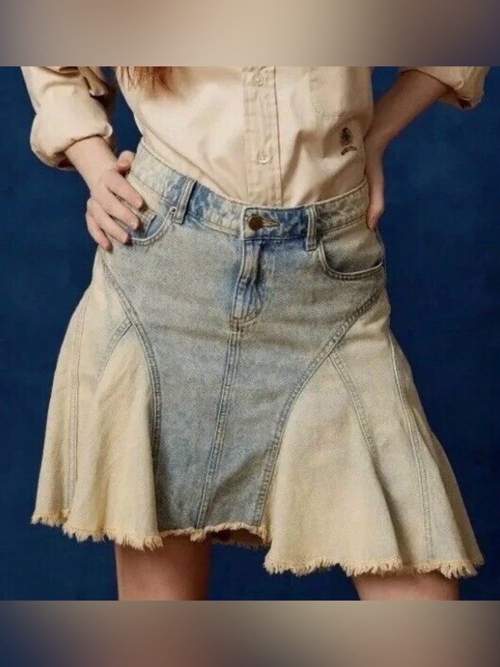 Urban Outfitters Two-Tone Denim Flared Mini Skirt - Light Blue & Beige